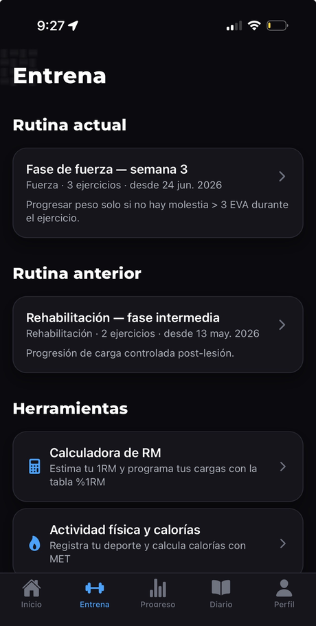 Pantalla de entrenamiento de la app JE con rutinas y herramientas